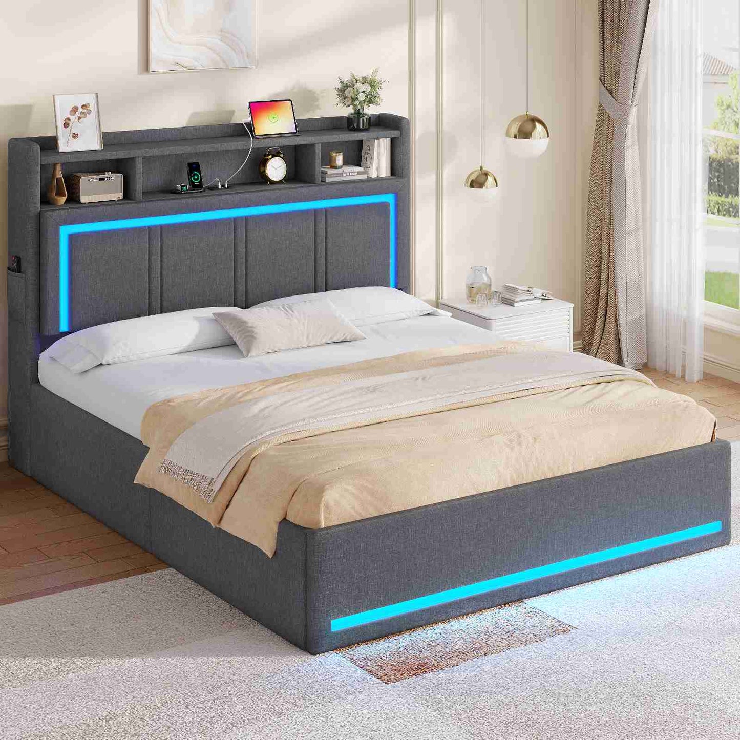 Lit coffre hydraulique AOGLLATI 140x200 avec éclairage LED et prise électrique  Lit double capitonné avec tête de lit et fonction rangement