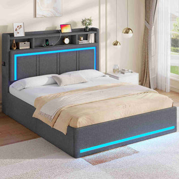 Lit coffre hydraulique AOGLLATI 140x200 avec éclairage LED et prise électrique  Lit double capitonné avec tête de lit et fonction rangement