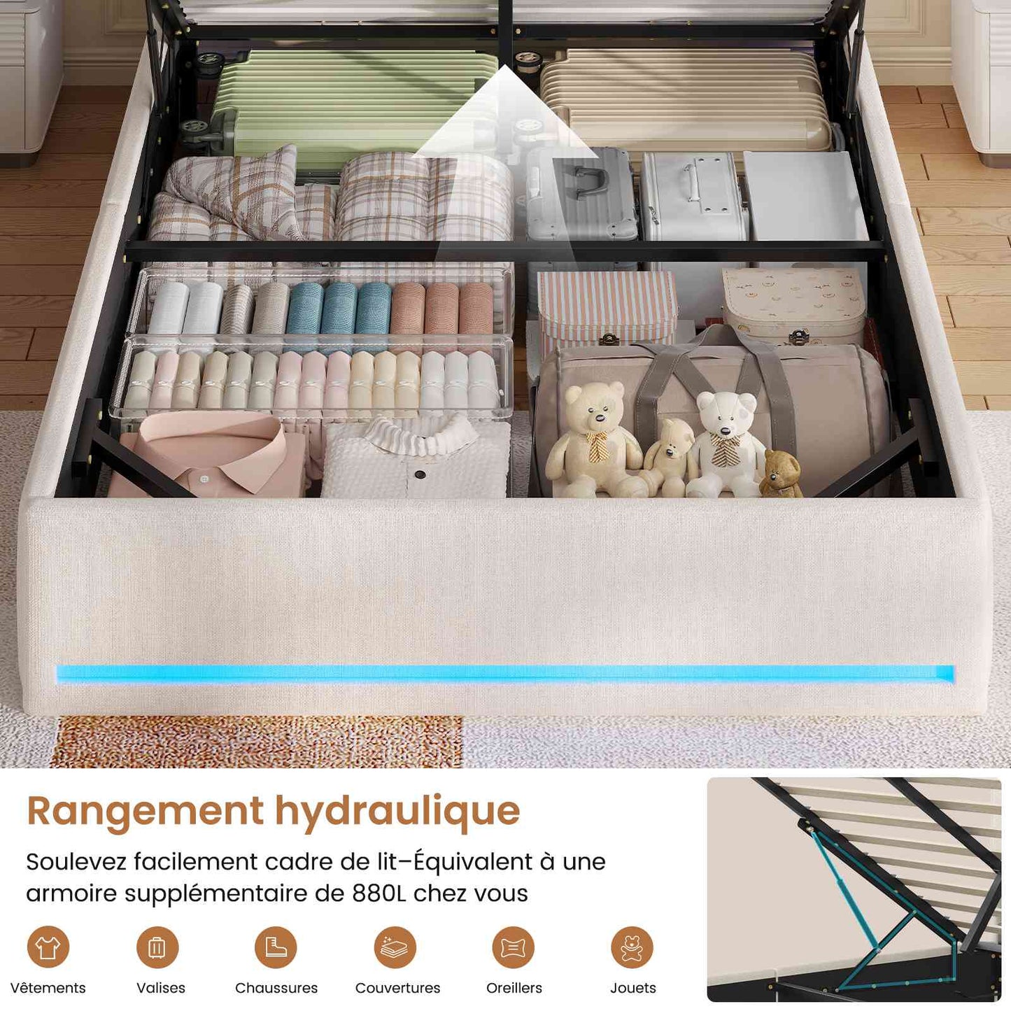 Lit coffre hydraulique AOGLLATI 140x200 avec éclairage LED et prise électrique  Lit double capitonné avec tête de lit et fonction rangement