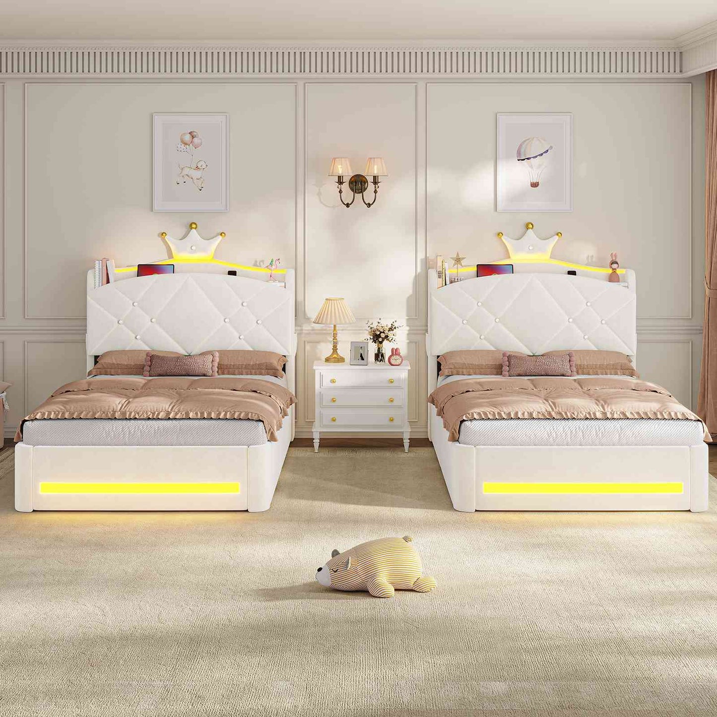 Lit  AOGLLATI design en forme de couronne lit coffre avec tête de lit rembourrée Convient aux matelas jusqu'à 90 x 200 cm