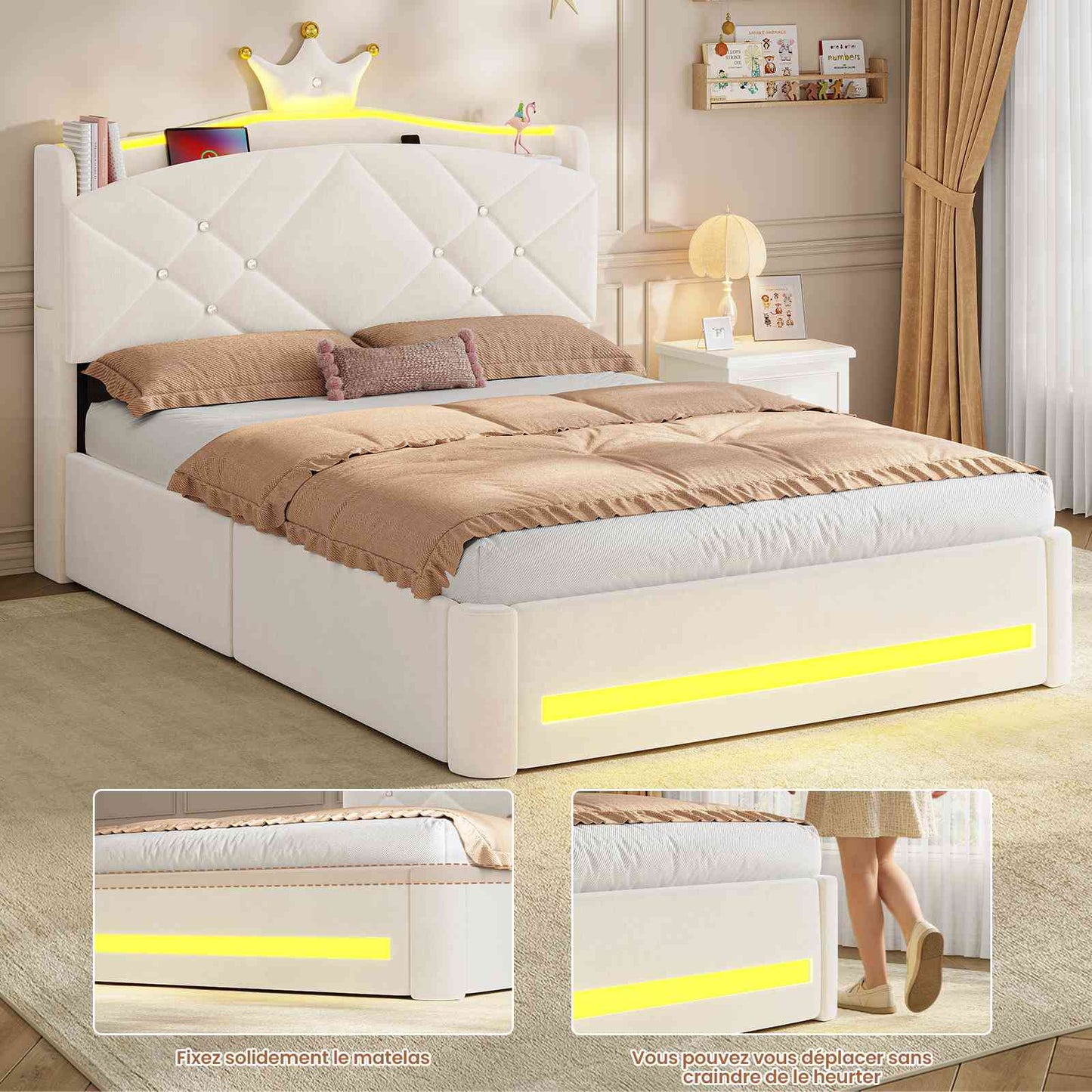 Lit double AOGLLATI design en forme de couronne lit coffre avec tête de lit rembourrée Convient aux matelas jusqu'à 140 x 190 cm