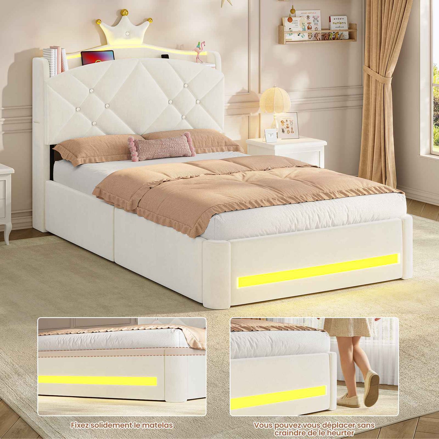 Lit  AOGLLATI design en forme de couronne lit coffre avec tête de lit rembourrée Convient aux matelas jusqu'à 90 x 200 cm