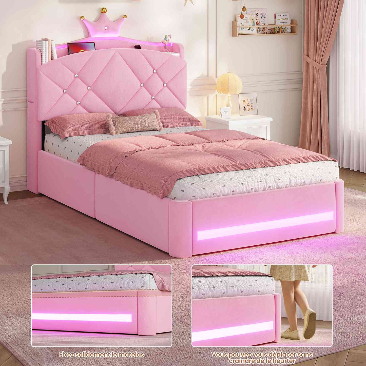 Lit  AOGLLATI design en forme de couronne lit coffre avec tête de lit rembourrée Convient aux matelas jusqu'à 90 x 200 cm