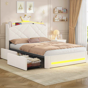 Lit double AOGLLATI design en forme de couronne lit coffre avec tête de lit rembourrée Convient aux matelas jusqu'à 140 x 200 cm