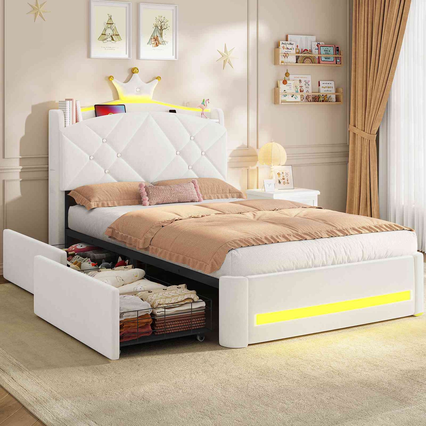 Lit  AOGLLATI design en forme de couronne lit coffre avec tête de lit rembourrée Convient aux matelas jusqu'à 90 x 200 cm