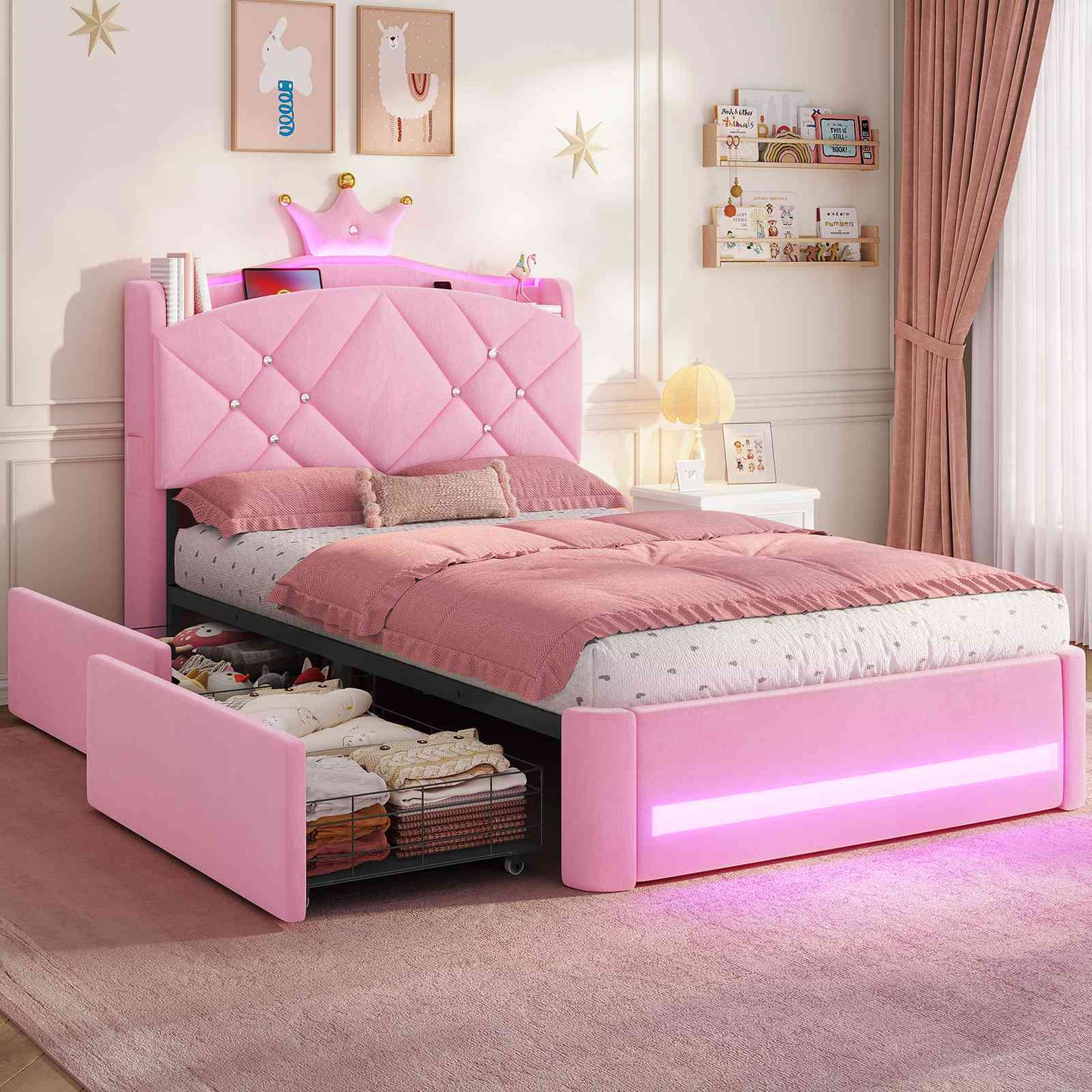 Lit  AOGLLATI design en forme de couronne lit coffre avec tête de lit rembourrée Convient aux matelas jusqu'à 90 x 200 cm