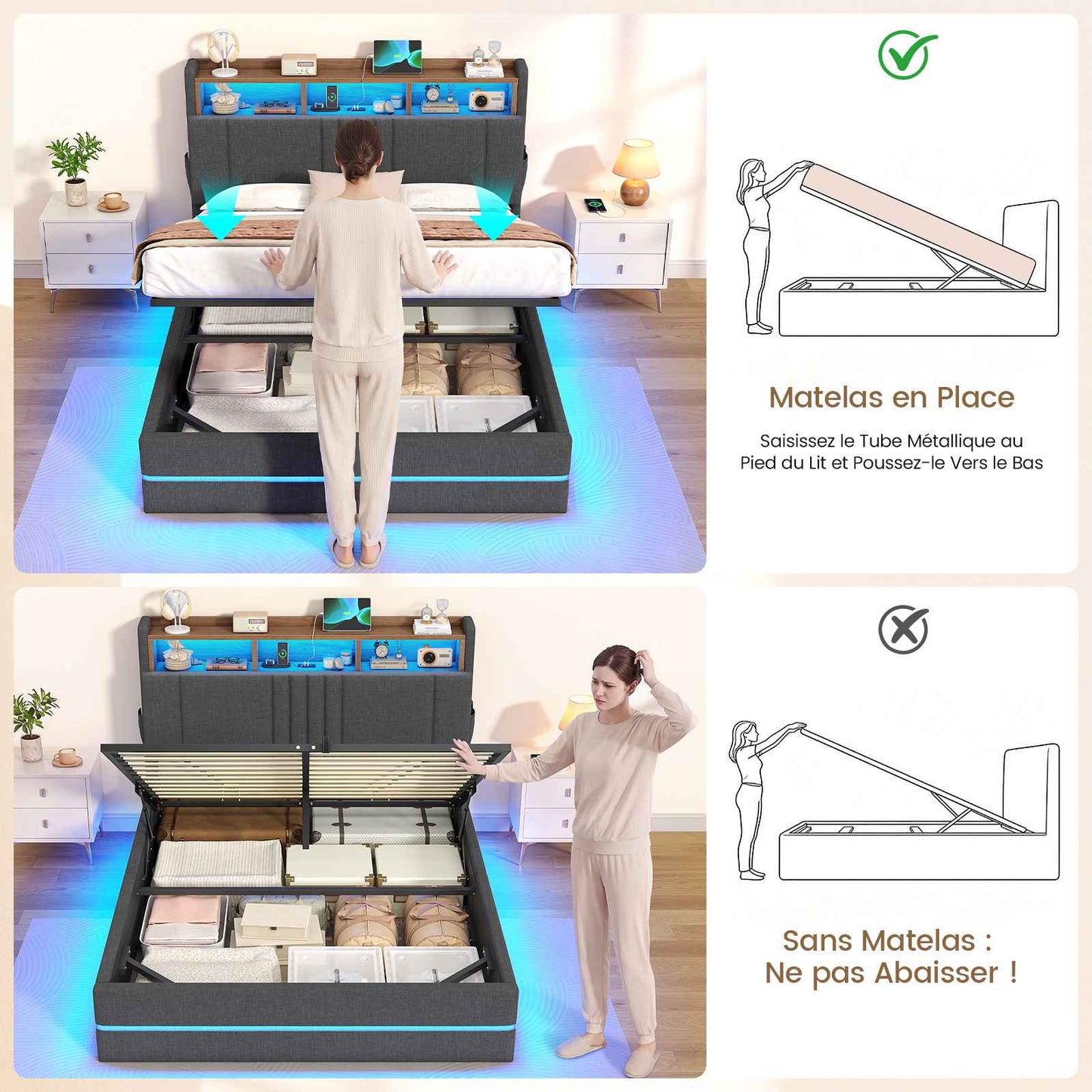 AOGLATI Lit coffre 140x190 avec rangement hydraulique et LED 270° Lit double avec multiprise Tête de lit rembourrée avec rangement