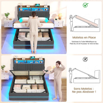 AOGLATI Lit coffre 140x190 avec rangement hydraulique et LED 270° Lit double avec multiprise Tête de lit rembourrée avec rangement