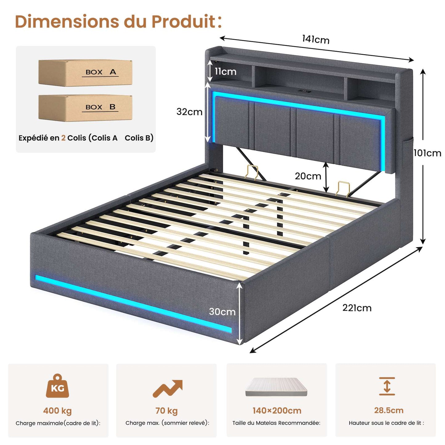 Lit coffre hydraulique AOGLLATI 140x200 avec éclairage LED et prise électrique  Lit double capitonné avec tête de lit et fonction rangement