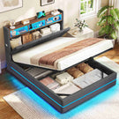AOGLATI Lit coffre 140x190 avec rangement hydraulique et LED 270° Lit double avec multiprise Tête de lit rembourrée avec rangement