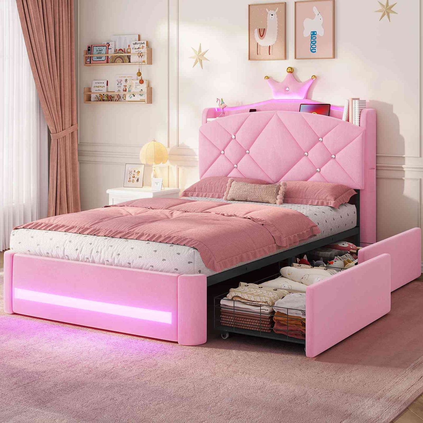 Lit  AOGLLATI design en forme de couronne lit coffre avec tête de lit rembourrée Convient aux matelas jusqu'à 90 x 200 cm
