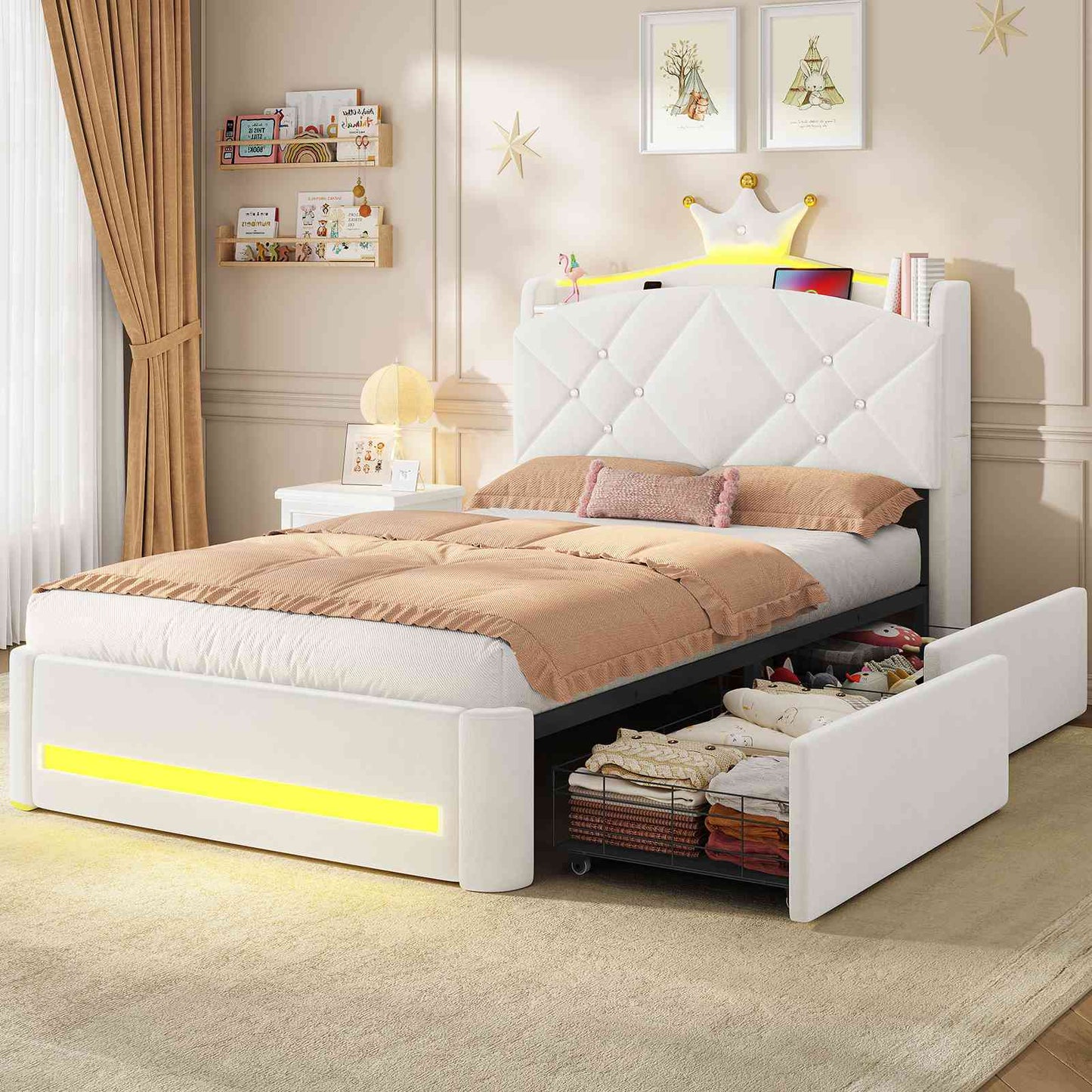 Lit  AOGLLATI design en forme de couronne lit coffre avec tête de lit rembourrée Convient aux matelas jusqu'à 90 x 200 cm