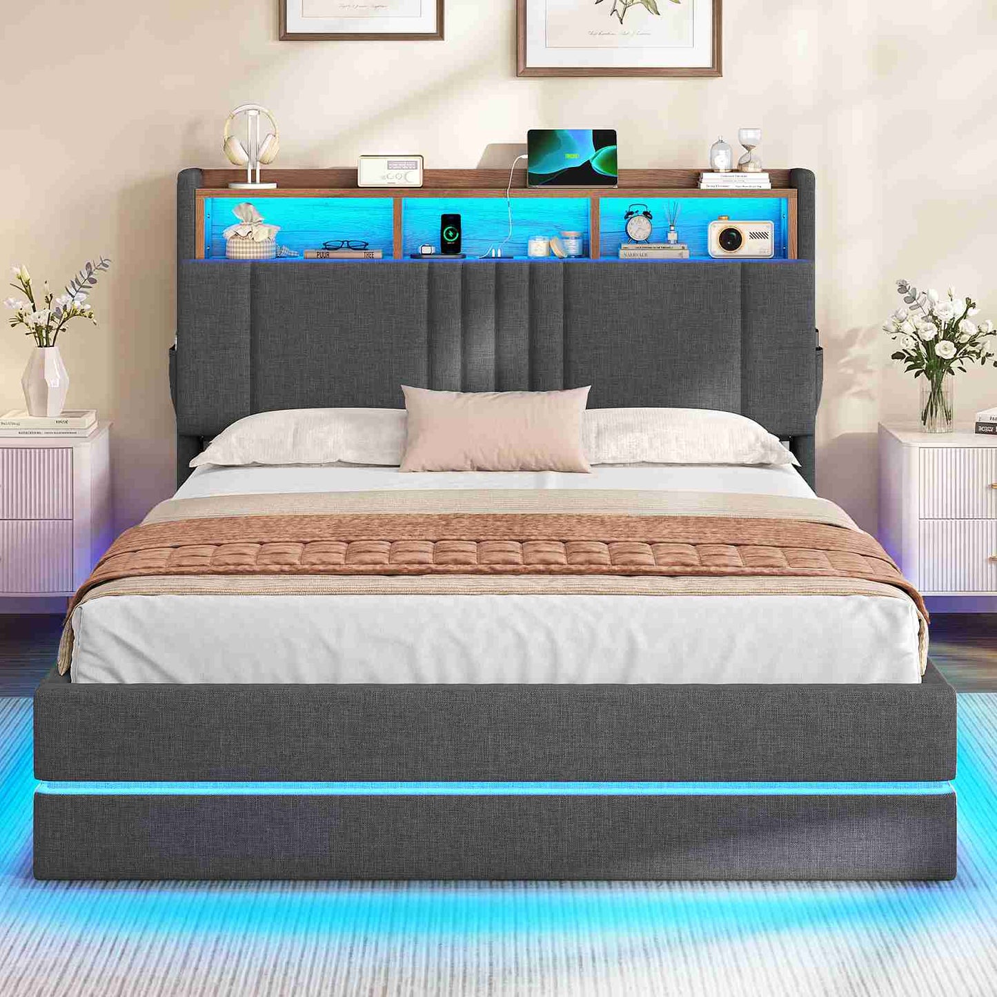 AOGLATI Lit coffre 140x190 avec rangement hydraulique et LED 270° Lit double avec multiprise Tête de lit rembourrée avec rangement