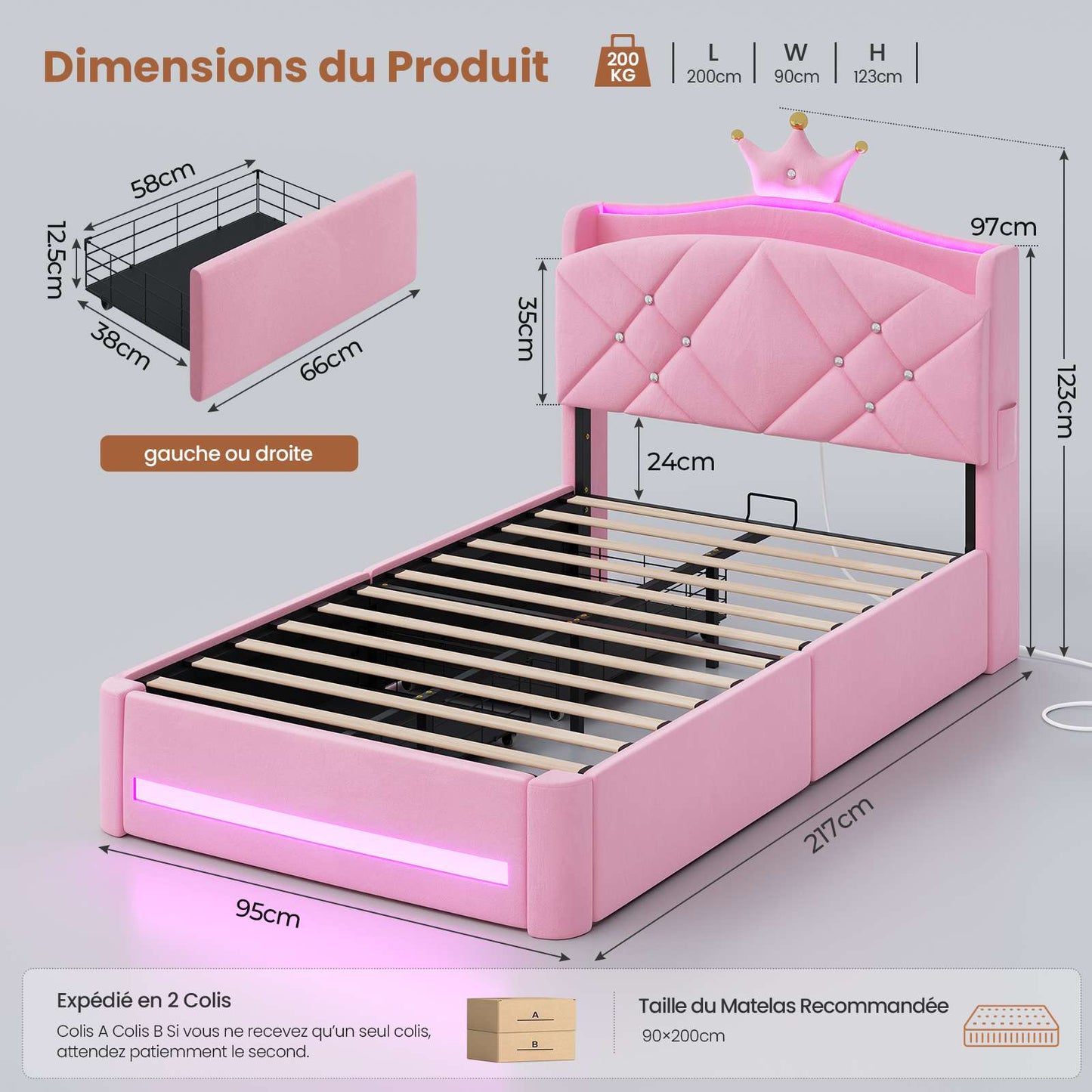 Lit  AOGLLATI design en forme de couronne lit coffre avec tête de lit rembourrée Convient aux matelas jusqu'à 90 x 200 cm