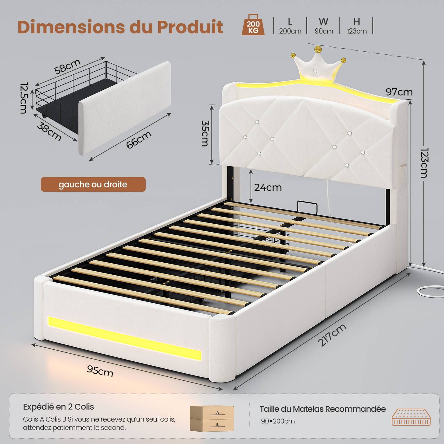 Lit  AOGLLATI design en forme de couronne lit coffre avec tête de lit rembourrée Convient aux matelas jusqu'à 90 x 200 cm