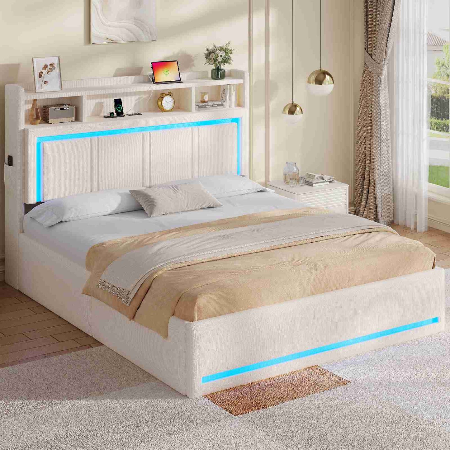 Lit coffre hydraulique AOGLLATI 140x200 avec éclairage LED et prise électrique  Lit double capitonné avec tête de lit et fonction rangement