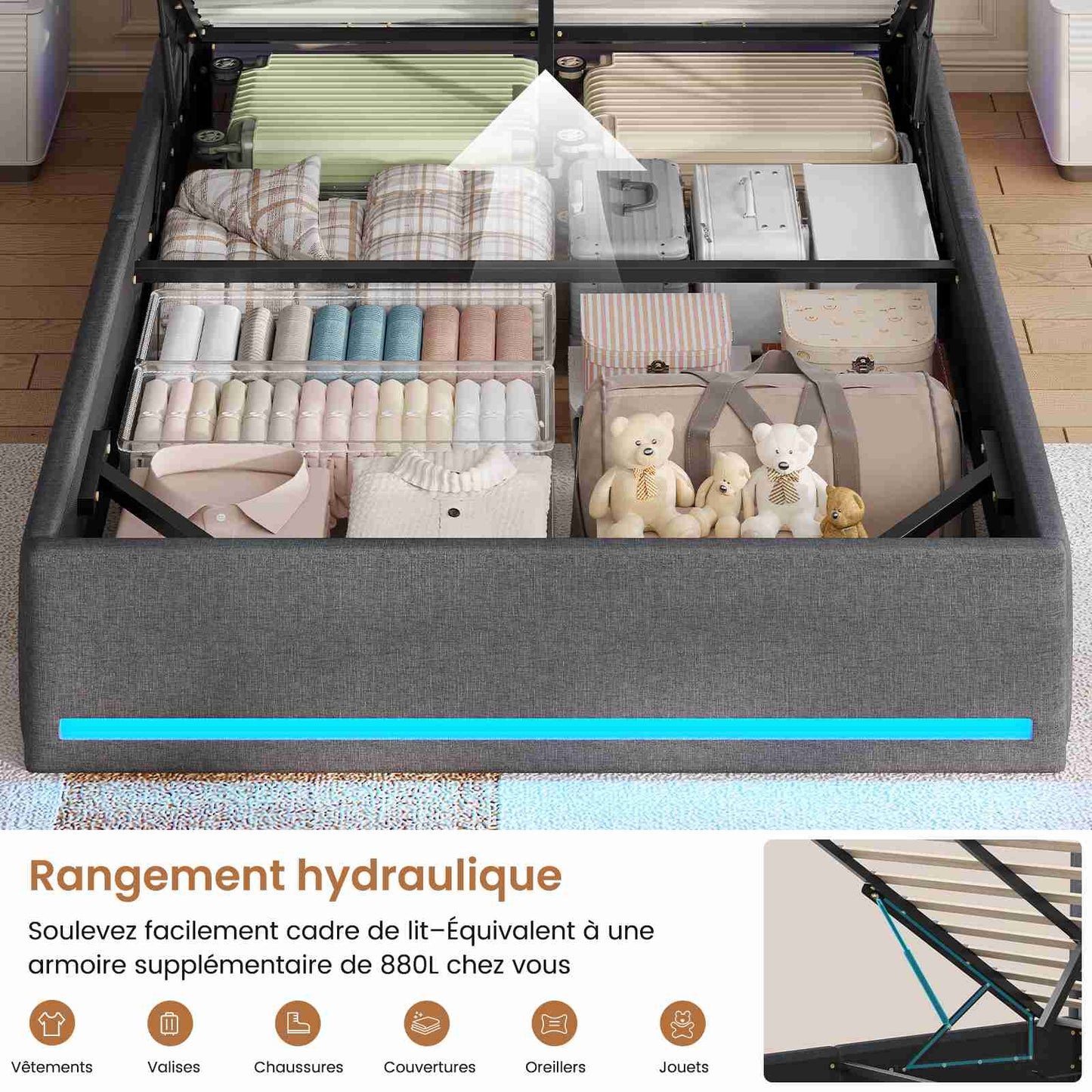 Lit coffre hydraulique AOGLLATI 140x200 avec éclairage LED et prise électrique  Lit double capitonné avec tête de lit et fonction rangement