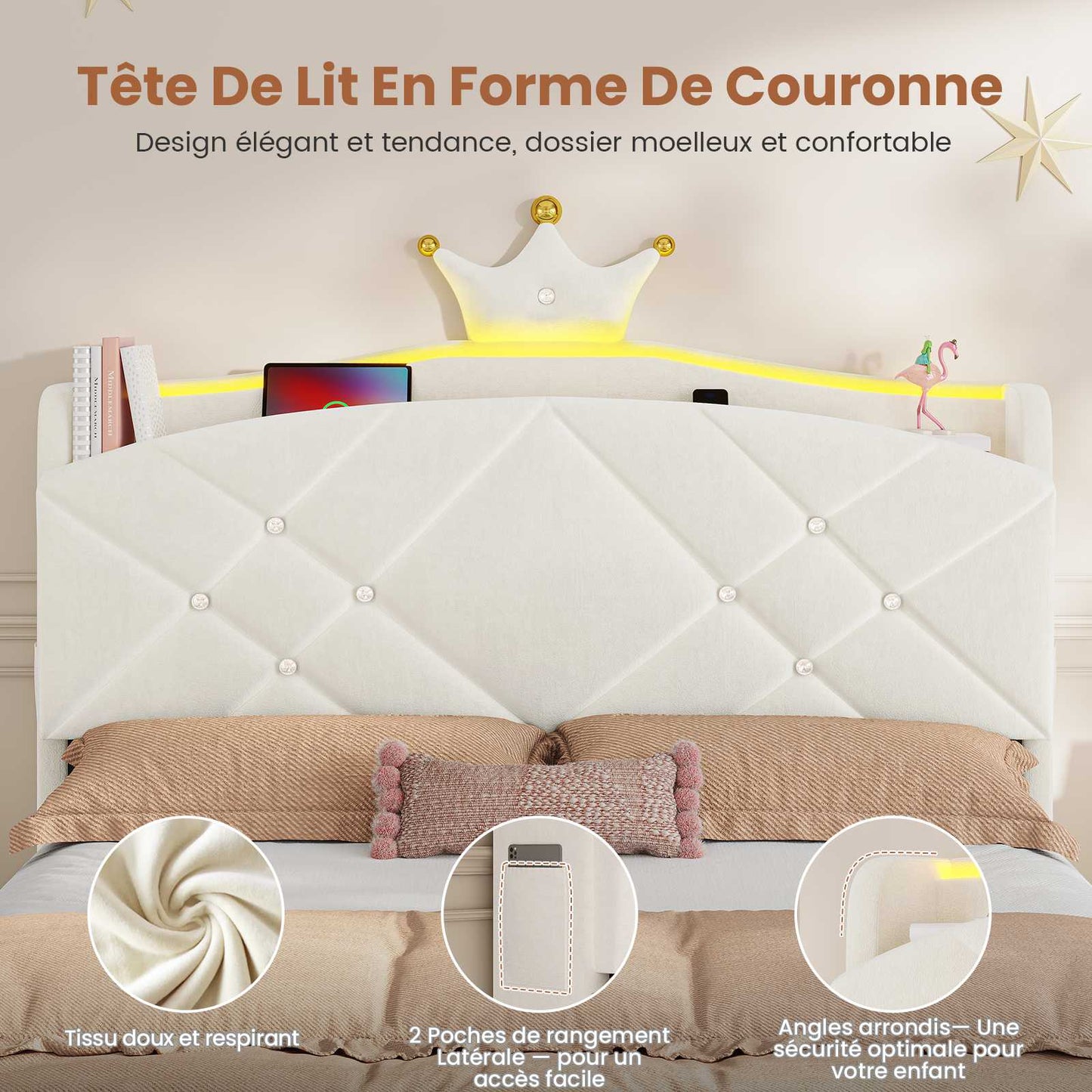 Lit double AOGLLATI design en forme de couronne lit coffre avec tête de lit rembourrée Convient aux matelas jusqu'à 140 x 190 cm