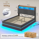 AOGLATI Lit coffre 140x200 avec rangement hydraulique et LED 270° Lit double avec multiprise Tête de lit rembourrée avec rangement
