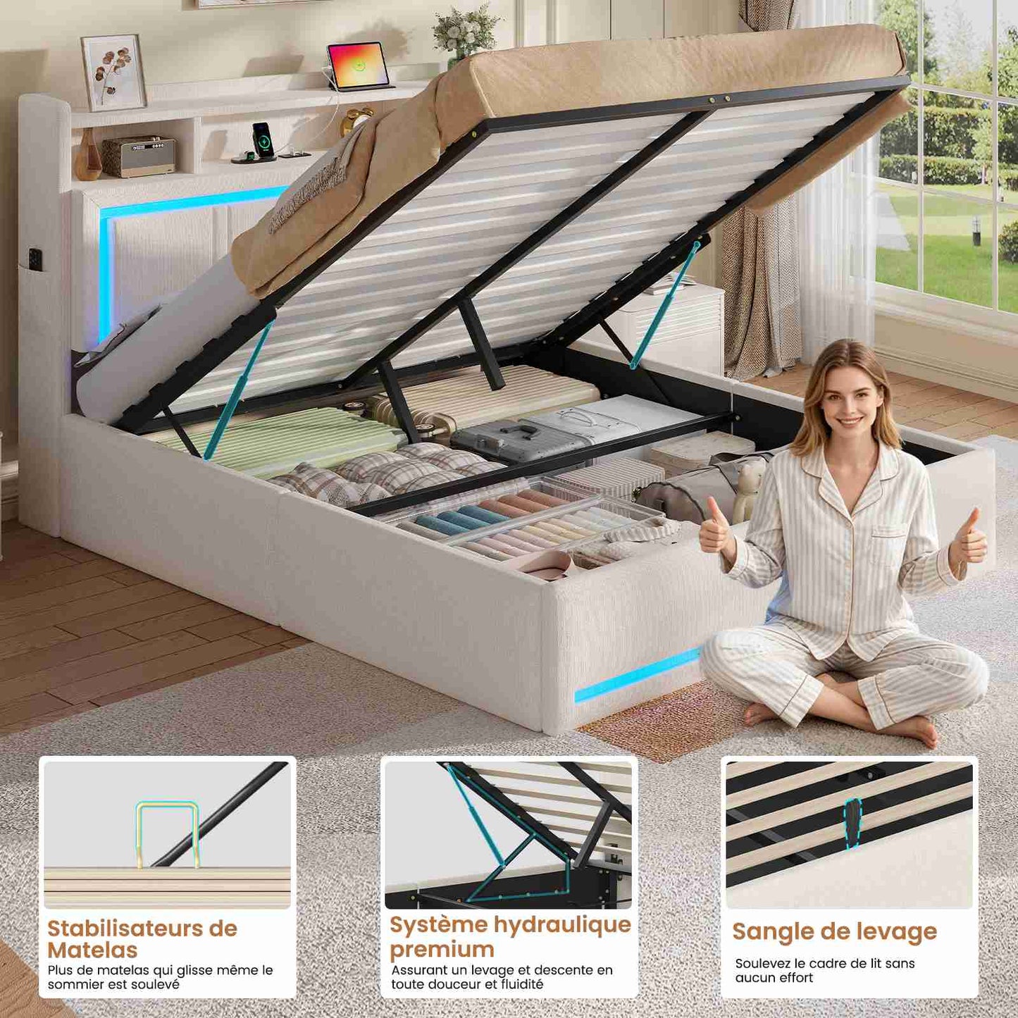 Lit coffre hydraulique AOGLLATI 140x200 avec éclairage LED et prise électrique  Lit double capitonné avec tête de lit et fonction rangement