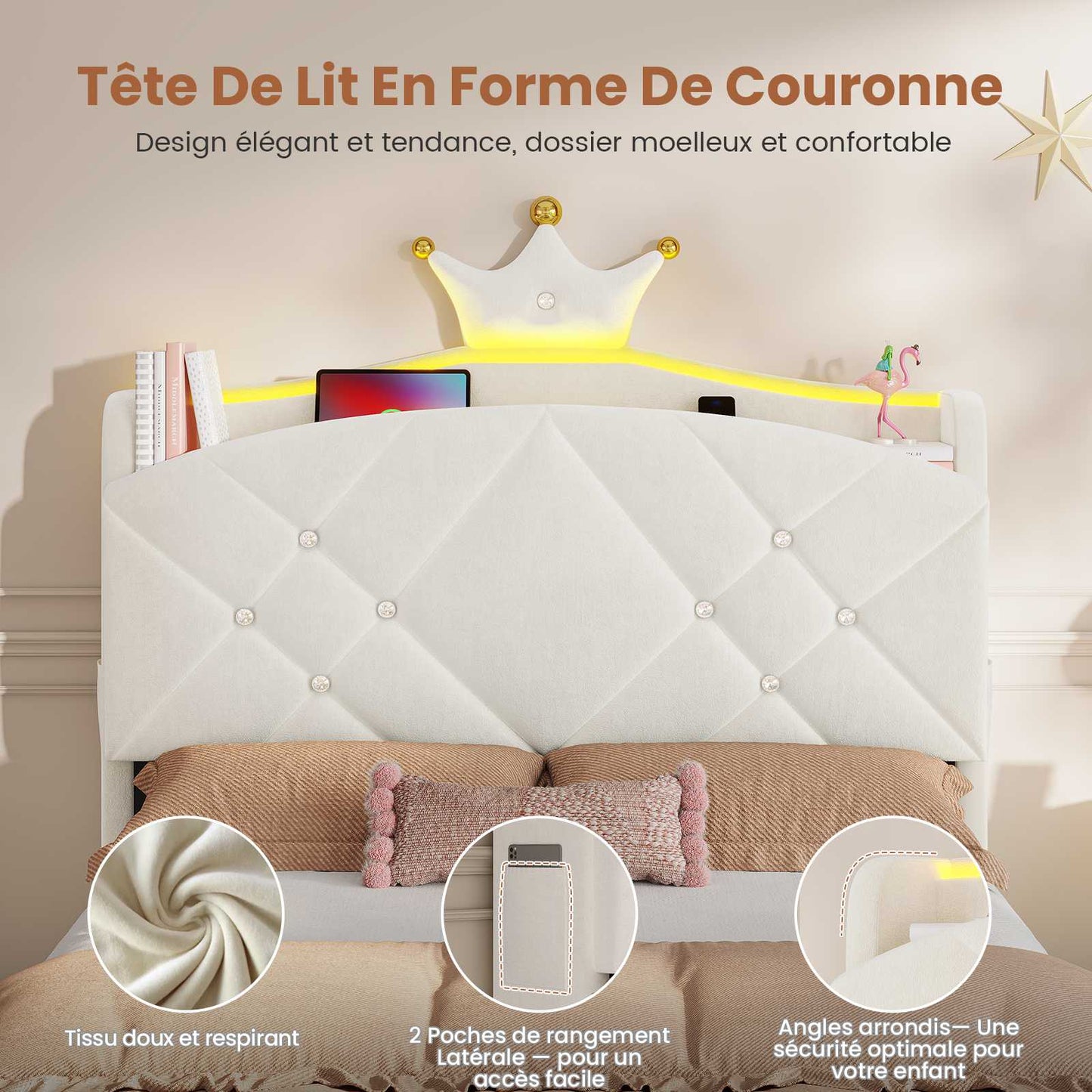 Lit  AOGLLATI design en forme de couronne lit coffre avec tête de lit rembourrée Convient aux matelas jusqu'à 90 x 200 cm
