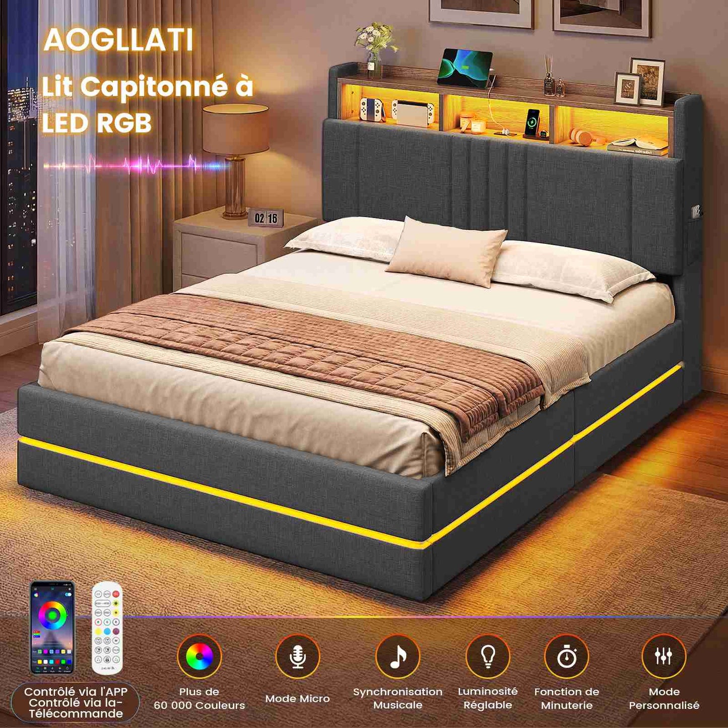 AOGLATI Lit coffre 140x190 avec rangement hydraulique et LED 270° Lit double avec multiprise Tête de lit rembourrée avec rangement