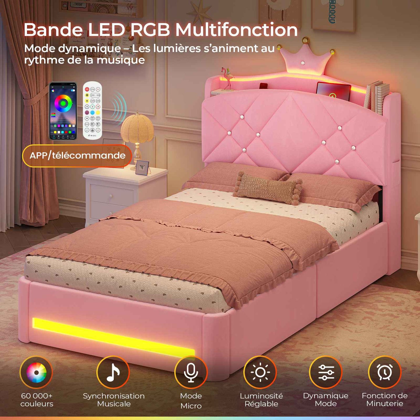 Lit  AOGLLATI design en forme de couronne lit coffre avec tête de lit rembourrée Convient aux matelas jusqu'à 90 x 200 cm