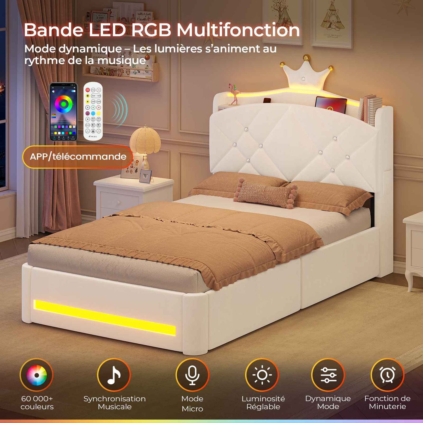 Lit  AOGLLATI design en forme de couronne lit coffre avec tête de lit rembourrée Convient aux matelas jusqu'à 90 x 200 cm