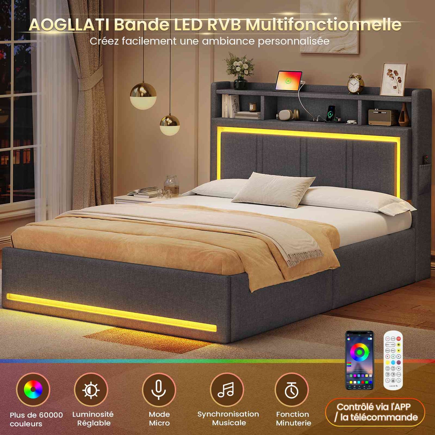 Lit coffre hydraulique AOGLLATI 140x200 avec éclairage LED et prise électrique  Lit double capitonné avec tête de lit et fonction rangement