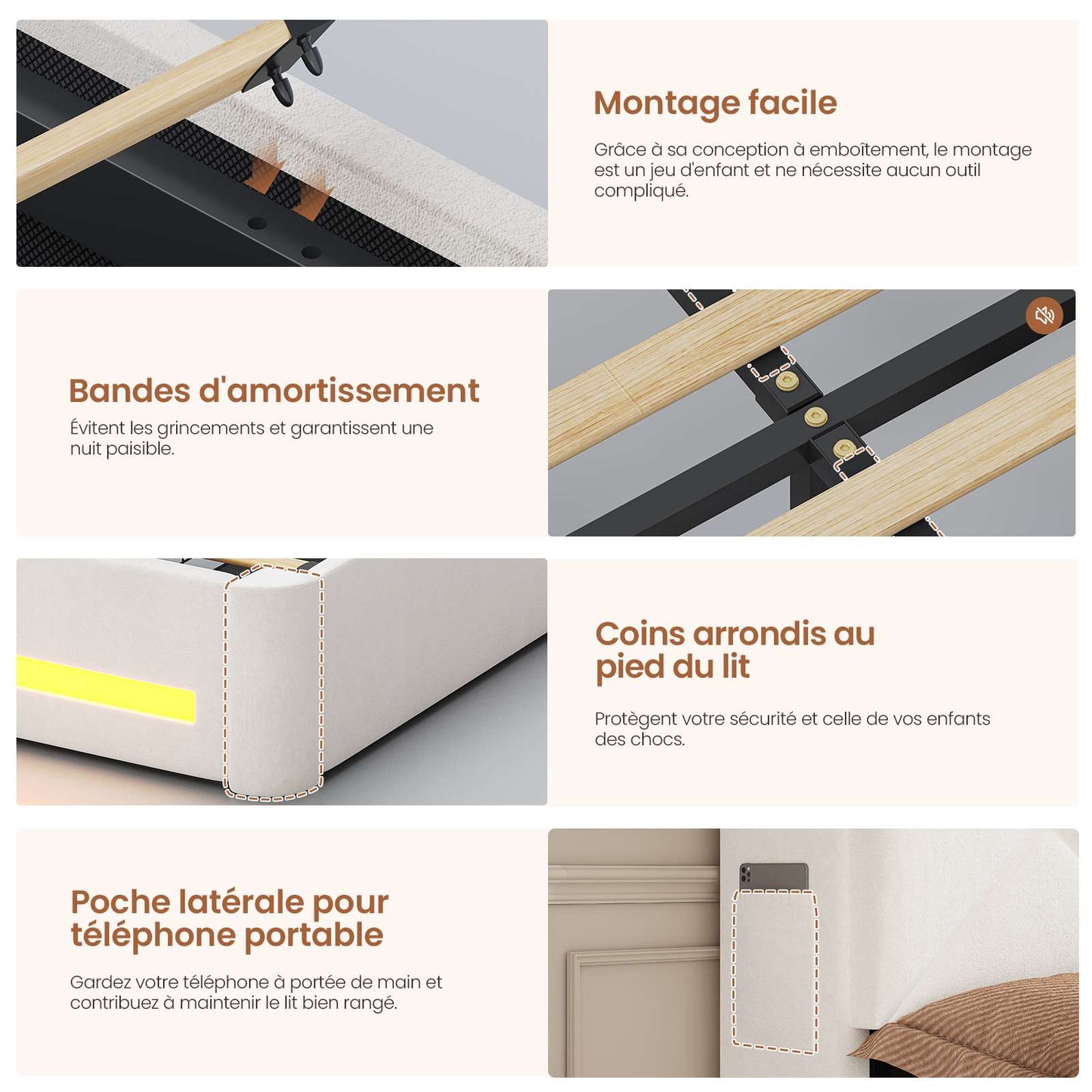 Lit double AOGLLATI design en forme de couronne lit coffre avec tête de lit rembourrée Convient aux matelas jusqu'à 140 x 190 cm