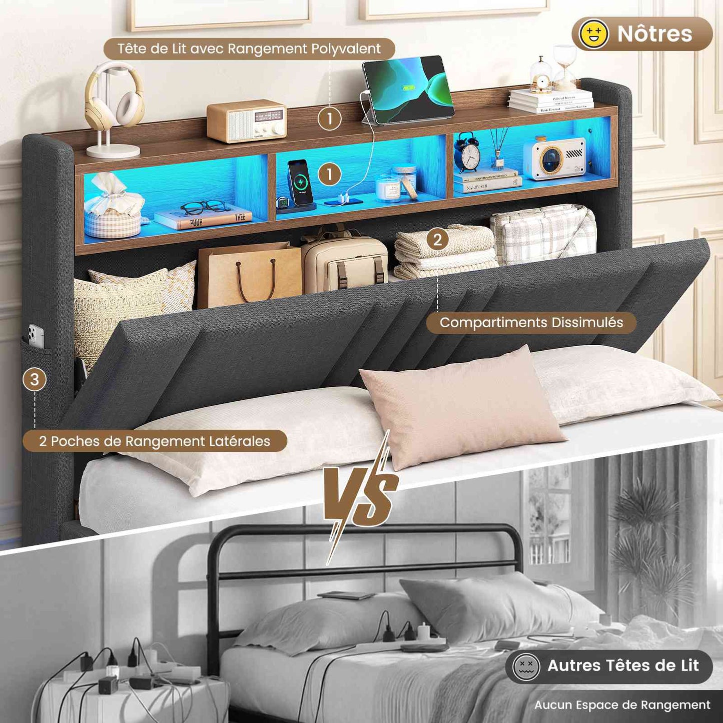 AOGLATI Lit coffre 140x190 avec rangement hydraulique et LED 270° Lit double avec multiprise Tête de lit rembourrée avec rangement