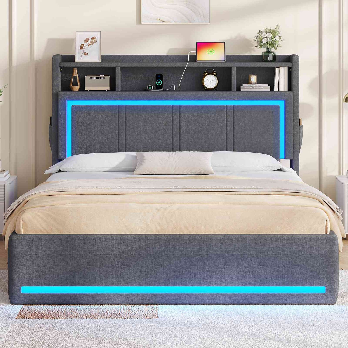 Lit coffre hydraulique AOGLLATI 140x200 avec éclairage LED et prise électrique  Lit double capitonné avec tête de lit et fonction rangement