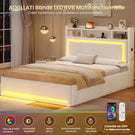 Lit coffre hydraulique AOGLLATI 140x200 avec éclairage LED et prise électrique  Lit double capitonné avec tête de lit et fonction rangement