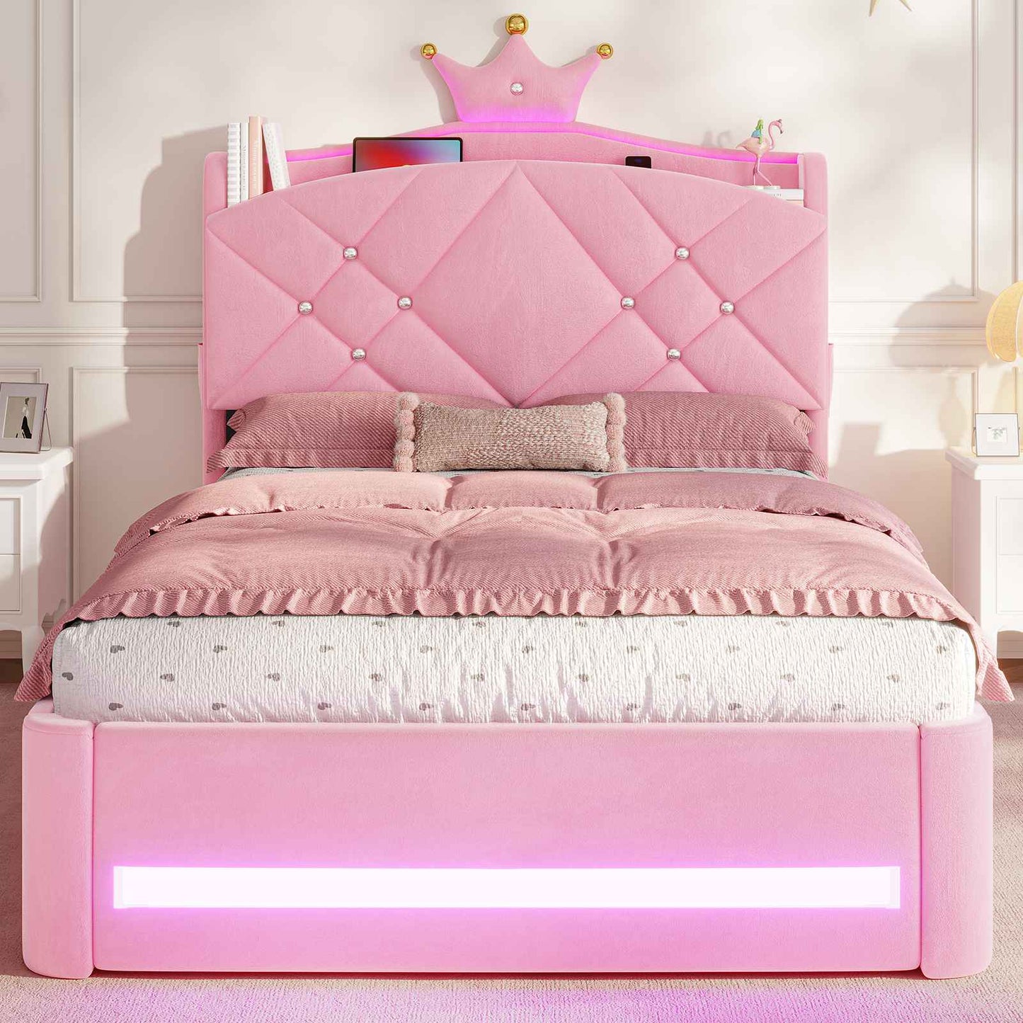 Lit  AOGLLATI design en forme de couronne lit coffre avec tête de lit rembourrée Convient aux matelas jusqu'à 90 x 200 cm