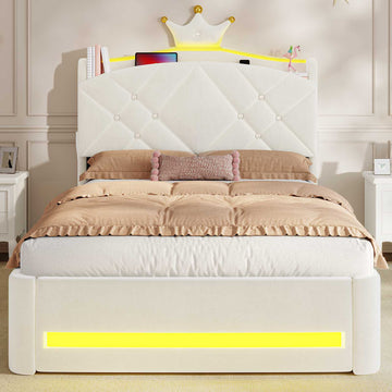 Lit  AOGLLATI design en forme de couronne lit coffre avec tête de lit rembourrée Convient aux matelas jusqu'à 90 x 200 cm