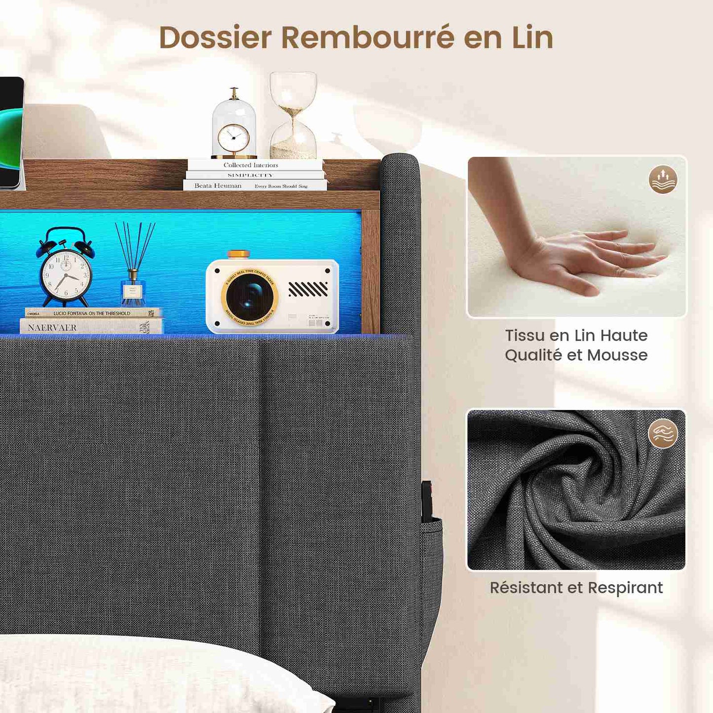 AOGLATI Lit coffre 140x190 avec rangement hydraulique et LED 270° Lit double avec multiprise Tête de lit rembourrée avec rangement