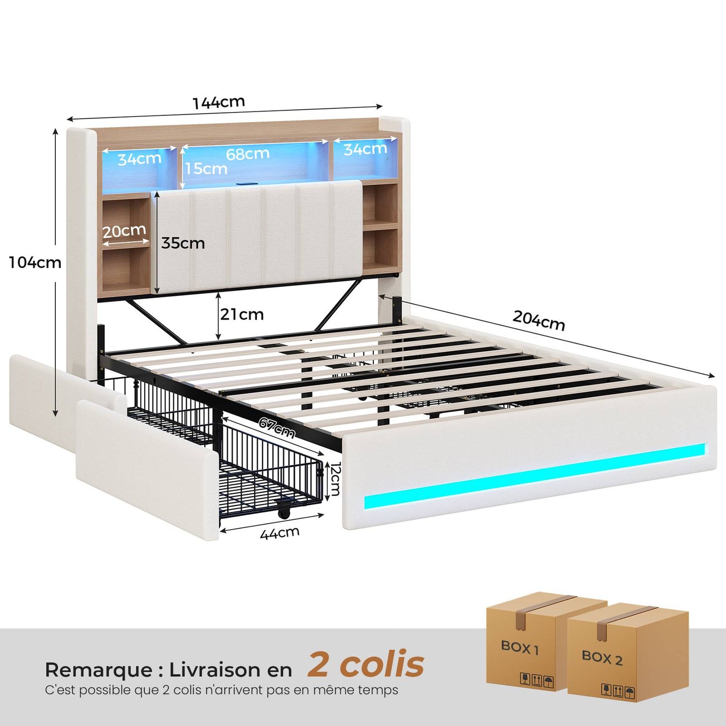Lit coffre AOGLLATI 140x190 avec 4 grands tiroirs, lit double en lin beige avec tête de lit de rangement éclairage LED et station de recharge