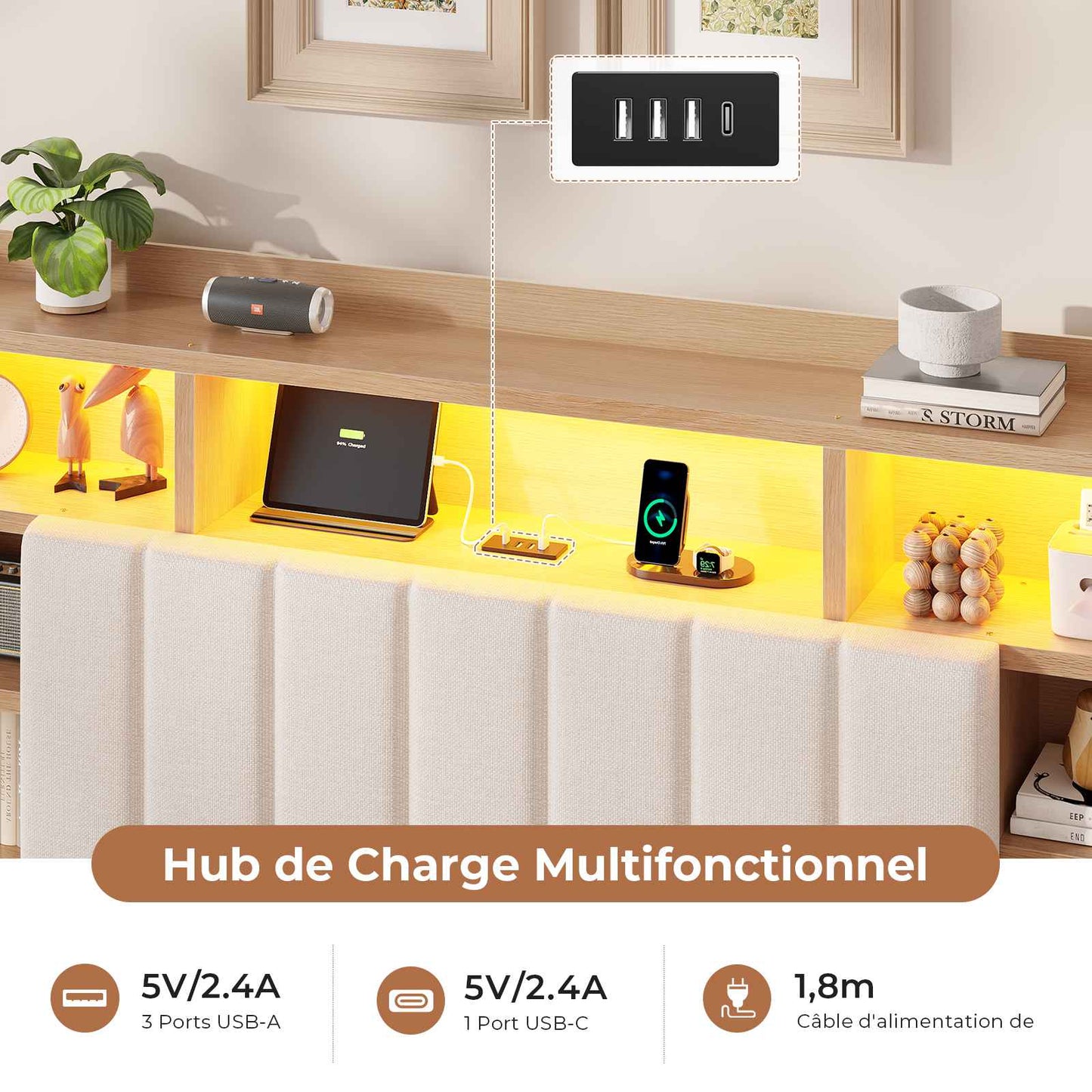 Lit coffre AOGLLATI 140x200 avec 4 grands tiroirs, lit double en lin gris avec tête de lit de rangement éclairage LED et station de recharge
