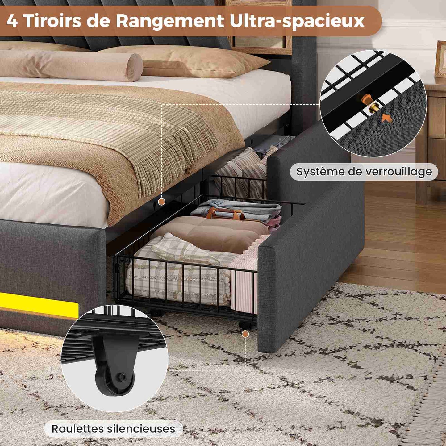 Lit coffre AOGLLATI 140x200 avec 4 grands tiroirs, lit double en lin gris avec tête de lit de rangement éclairage LED et station de recharge