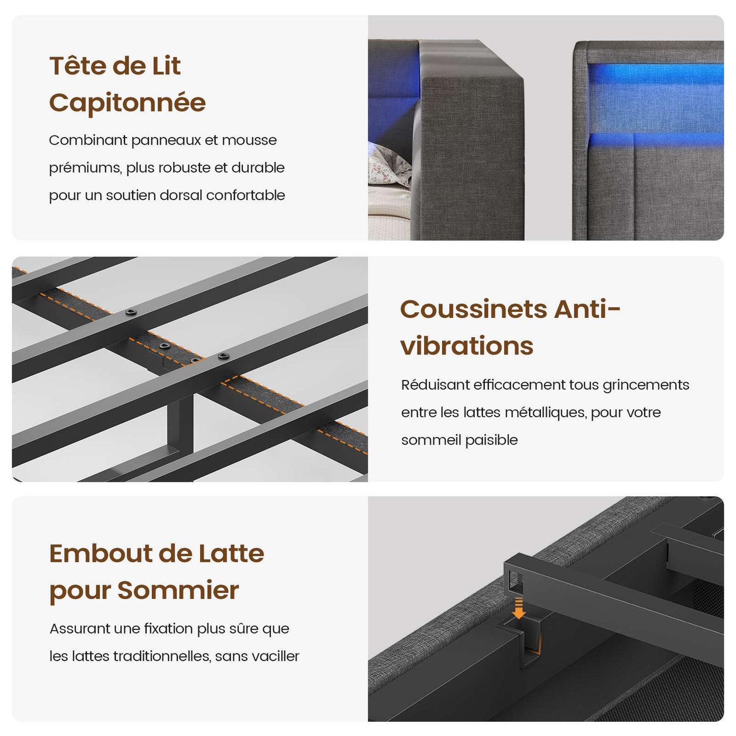 Canapé-lit AOGLLATI 140x200mm avec éclairage LED et prise électrique lit double 4 tiroirs tête de lit interchangeable