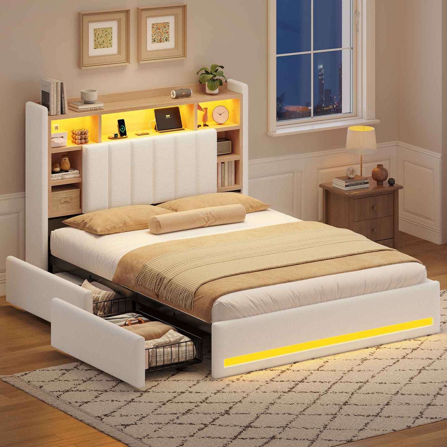 Lit coffre AOGLLATI 140x190 avec 4 grands tiroirs, lit double en lin beige avec tête de lit de rangement éclairage LED et station de recharge