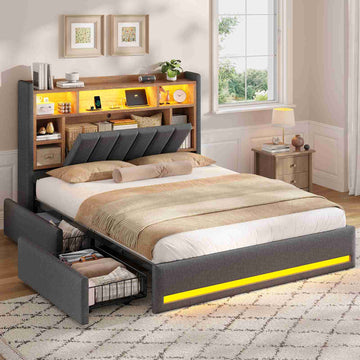 Lit coffre AOGLLATI 140x200 avec 4 grands tiroirs, lit double en lin gris avec tête de lit de rangement éclairage LED et station de recharge