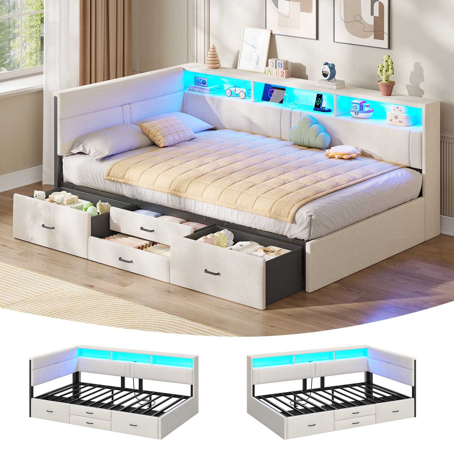 Canapé lit rembourré AOGLLATI 90 x 200 cm lit simple avec éclairage LED et station de recharge 4 tiroirs et cadre de lit rayé