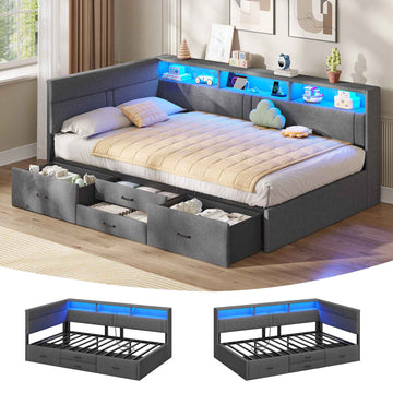 Canapé lit rembourré AOGLLATI 90 x 200 cm lit simple avec éclairage LED et station de recharge 4 tiroirs et cadre de lit rayé