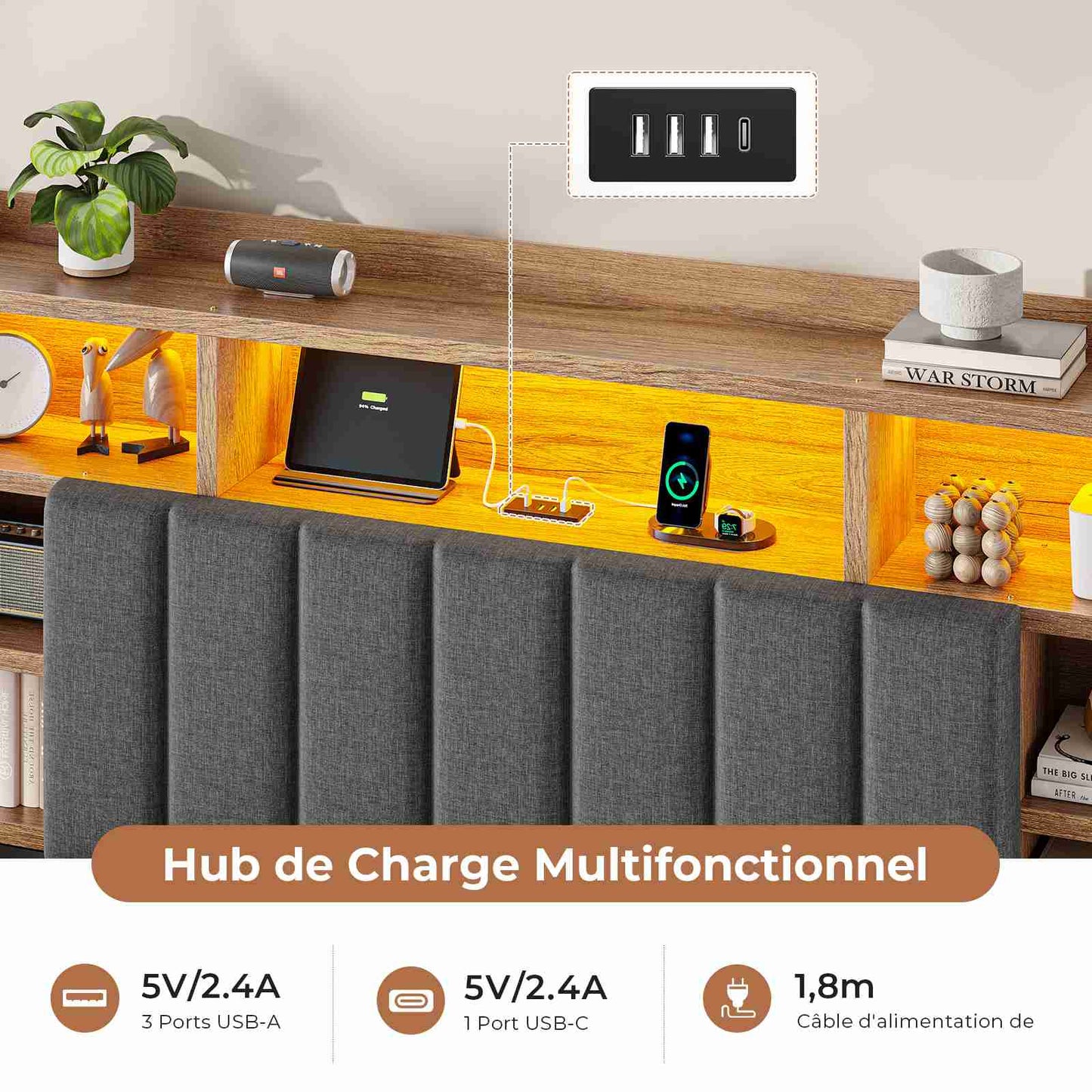 Lit coffre AOGLLATI 160x200 avec 4 grands tiroirs, lit double en lin gris avec tête de lit de rangement éclairage LED et station de recharge