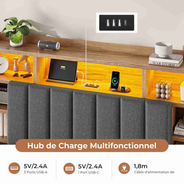 Lit coffre AOGLLATI 160x200 avec 4 grands tiroirs, lit double en lin gris avec tête de lit de rangement éclairage LED et station de recharge