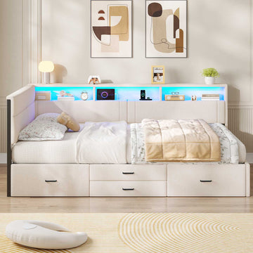 Canapé-lit AOGLLATI 140x200mm avec éclairage LED et prise électrique lit double 4 tiroirs tête de lit interchangeable