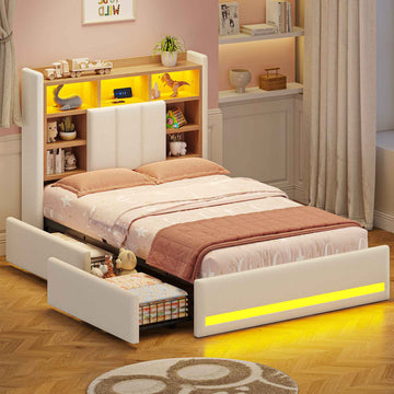 Lit coffre AOGLLATI 90x200 avec deux grands tiroirs lit simple en lin beige avec tête de lit de rangement éclairage LED et station de recharge