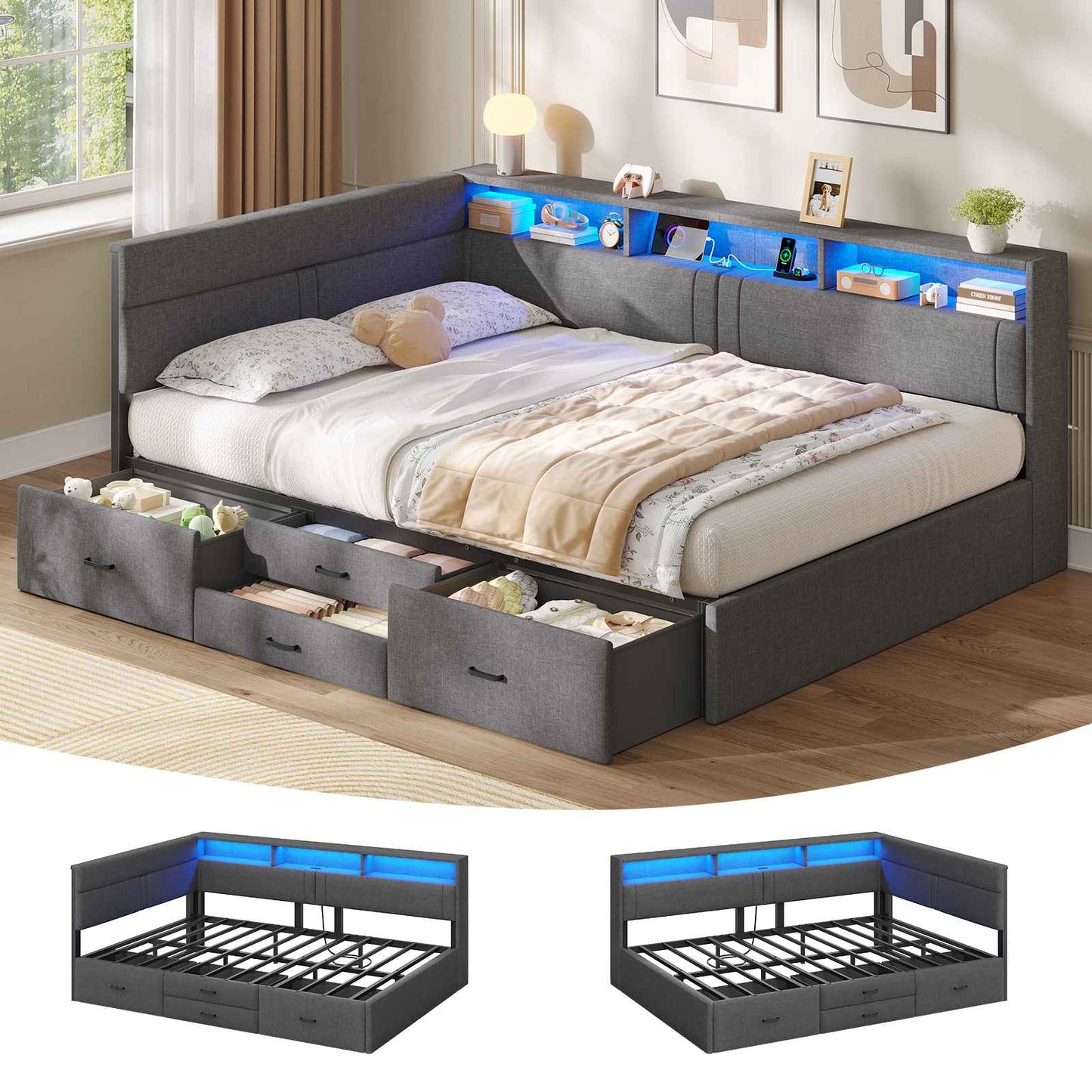 Canapé-lit AOGLLATI 140x200mm avec éclairage LED et prise électrique lit double 4 tiroirs tête de lit interchangeable