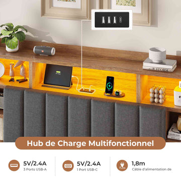 Lit coffre AOGLLATI 140x200 avec 4 grands tiroirs, lit double en lin gris avec tête de lit de rangement éclairage LED et station de recharge